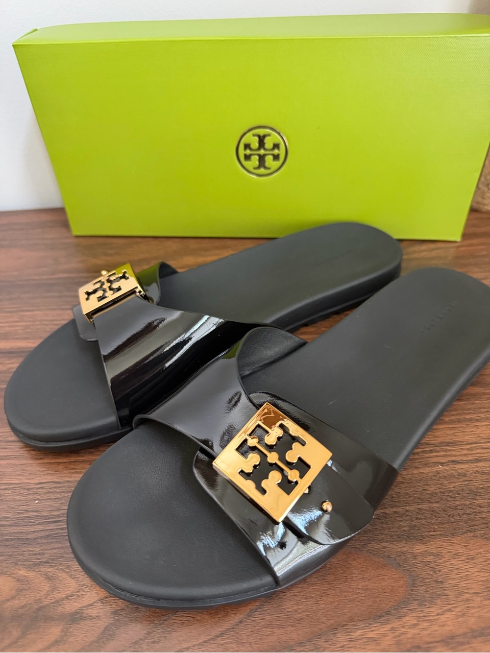Tory Burch Mellow Buckle Slide Black Gold Sandals Size 11